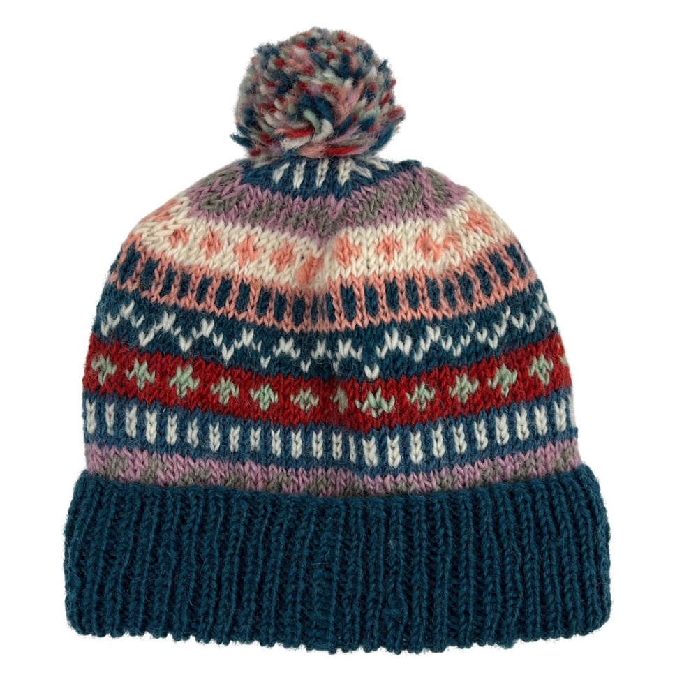 NWT‎ SERRV International Wool Fair Isle Beanie Fleece Lined Pom Pom Hat Nepal